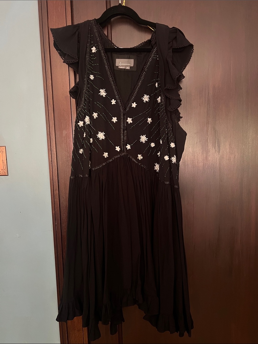 Anthropologie Black Floral-Embroidered Mini Dress